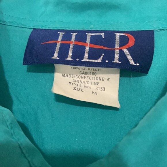 Vintage 90s H.E.R. 100% Silk Button Up Shirt Teal Blue Short Sleeve Medium - Picture 4 of 5